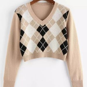 Preppy Tan Argyle Print Cropped Sweater